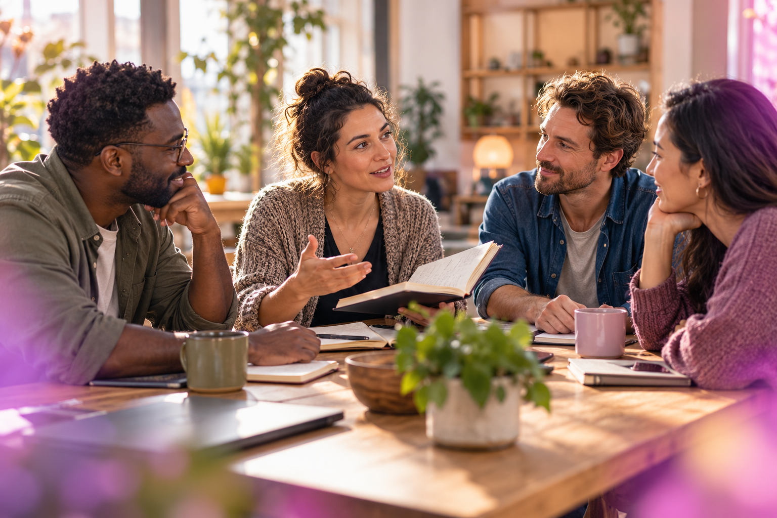 Un groupe échange avec écoute autour d’une table.