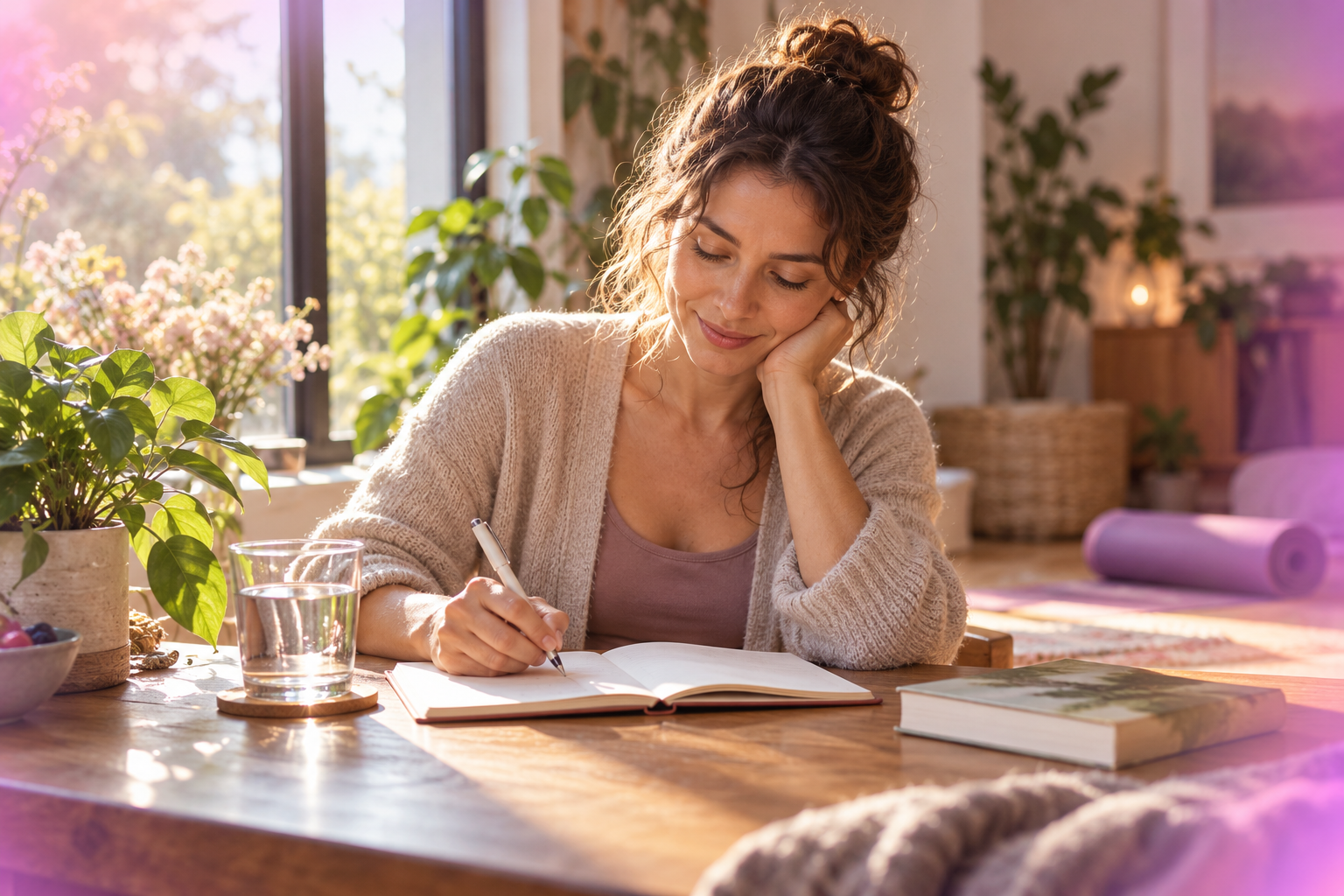 Une femme écrit dans son carnet pendant un moment calme du matin.