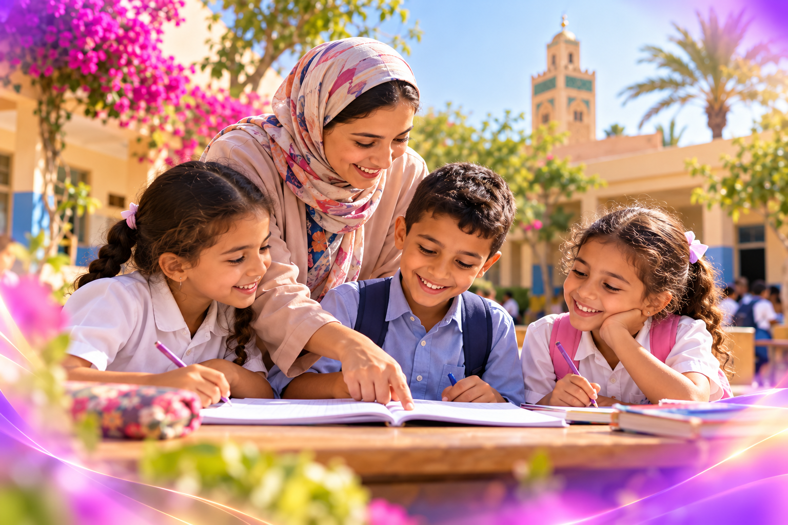 Une enseignante et des enfants partagent un moment d’apprentissage au Maroc.